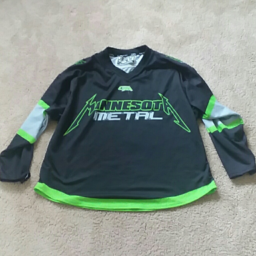 Minnesota metal medium hockey jersey black green Gemini sport 2 sided racing too